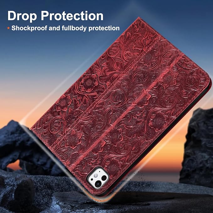 Gexmil Case for iPad Pro 11 Inch,4th/3rd/2nd/1st Generation(2022/2021/2020/2018) Genuine Leather Cover Anti Fingerprint,Cowhide Folio Cover Auto Sleep/Wake with Adjustable Stand,Floral Red