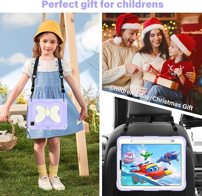 HOGENL for iPad Pro 11 inch Case for Kids Girl with Pencil Holder, for iPad Air 5th/4th Generation Case 10.9" with Butterfly Stand Shoulder Strap Protective Cover for pro 11 4th/3rd/2nd/1st, Purple