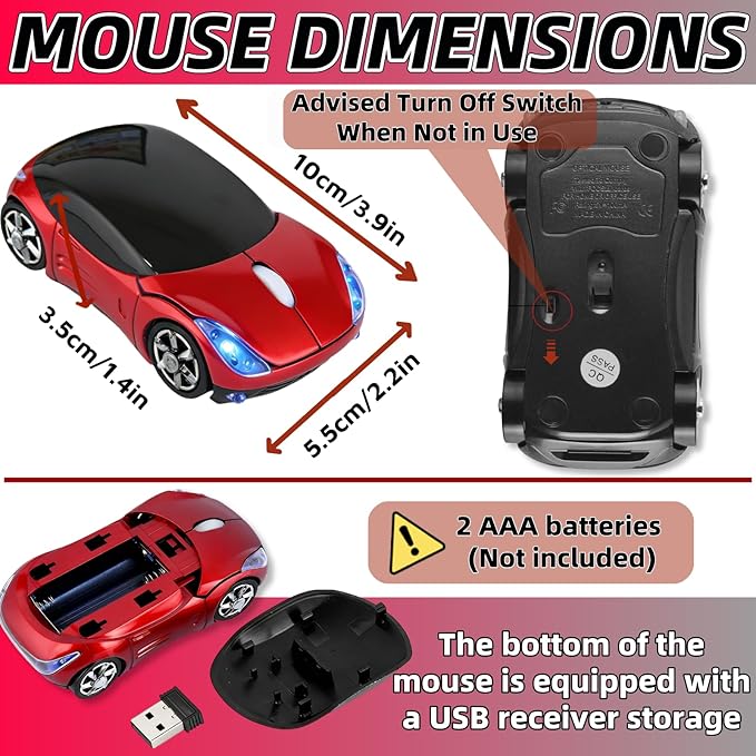 Red Wireless Mouse，Mini Car Computer Mouse，1600DPI 2.4G with USB Receiver, Ergonomic Cute Computer Mice for Laptop, PC, Windows, Mac OS (Red)