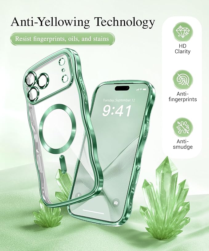 GVIEWIN for iPhone 17 Pro Max Case Compatible with MagSafe, Upgraded [Full Camera Protection][Cute Wave Frame][Military Grade Protection] Electroplated Hard Phone Cover for Women Girl, Clear/Green