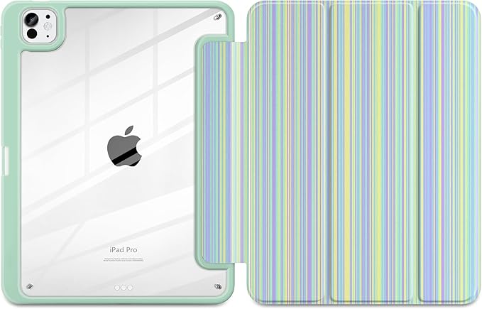 Case for iPad Pro 11 inch (M5) 2025 (M4) 2024 Release with Pencil Holder - Aesthetic Cute Design Trifold Cover with Soft TPU Bumper Clear Back Auto Sleep/Wake for Girls Women, Lines Green