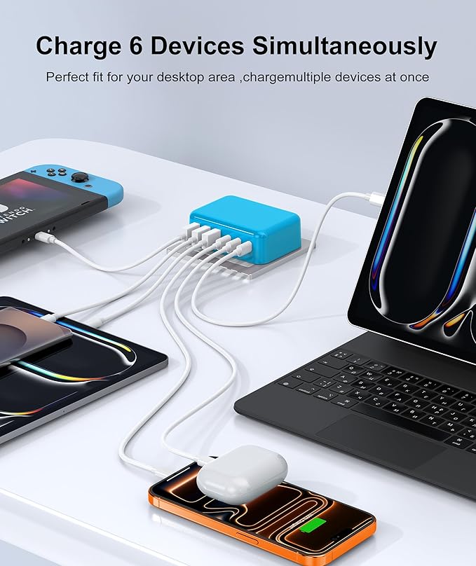 Fast Charger Block, GaN 6 Port USB C Charging Station Hub Cube, 100W Multiport Type C Wall Charger Power Strip Plug with PD+QC for iPhone 16 15 14 13 12 1 Pro Max XR XS 8 7, Samsun.g, iPad, Table