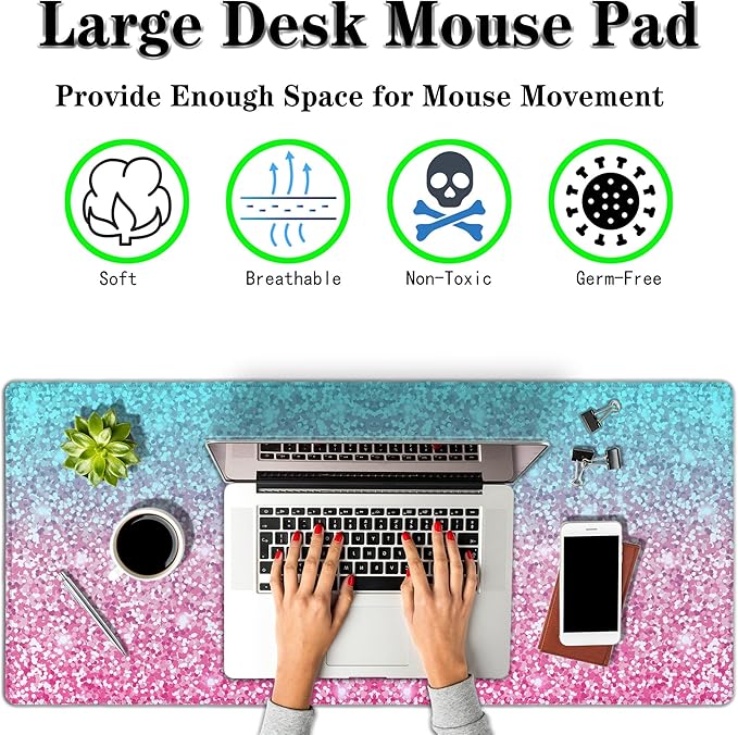 Gaming Mouse Pad Office Desk Mat, Extra Large Pink Glitter Pad for Women, Waterproof Non-Slip Rubber Base, 35.4 X 15.7 in for Work/Game/Office
