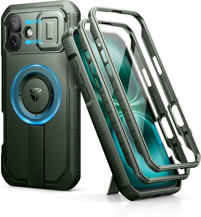 Dexnor for iPhone 16 Plus Case with Slide Camera Cover&Adjustable Kickstand & Built-in Screen Protector,Compatible with MagSafe Shockproof Bumper Cases Heavy-Duty Magnetic Protective Cover,Army Green