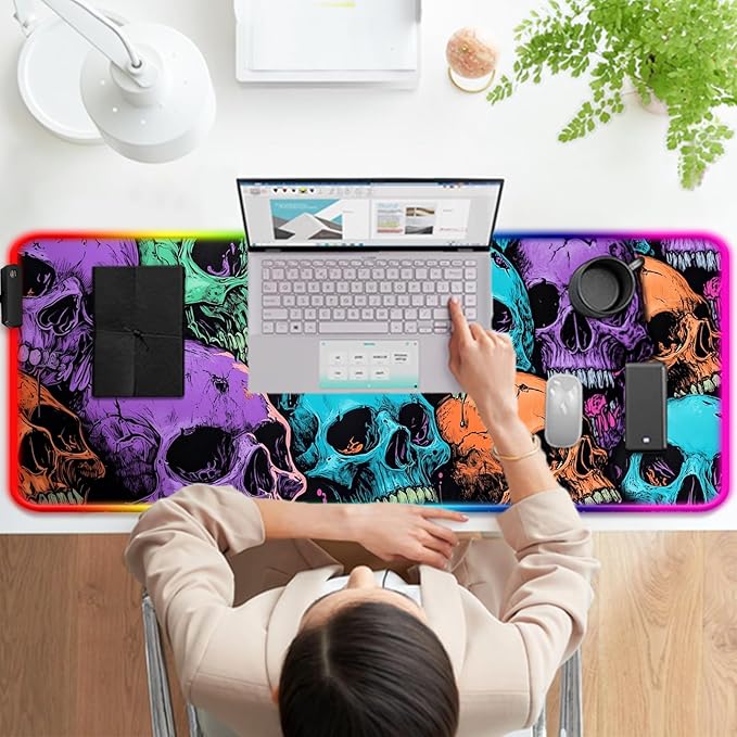 RGB Scary Skull Gaming Desk Mat, Computer Keyboard Large Extended Cool Multi-Color Skull LED Mouse Pad for Office and Home, 31.5×11.8 Inches, XL