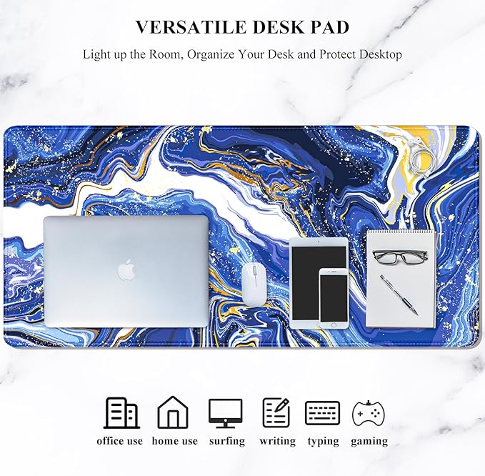 Auhoahsil Large Gaming Mouse Pad, Marble Theme XXL 35.4 x 15.7 in Desk Pad Stitched Non-Slip Rubber Long Computer Mousepad Thin Extended Full Size Desk Mat for Desktop Laptop Wireless Mice, Blue