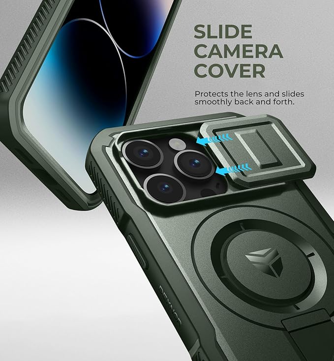 Dexnor for iPhone 14 Pro Case with Slide Camera Cover & Adjustable Kickstand & Built-in Screen Protector, Magnetic Rugged Shockproof Bumper Cases Heavy-Duty Magnetic Protective Cover,Army Green