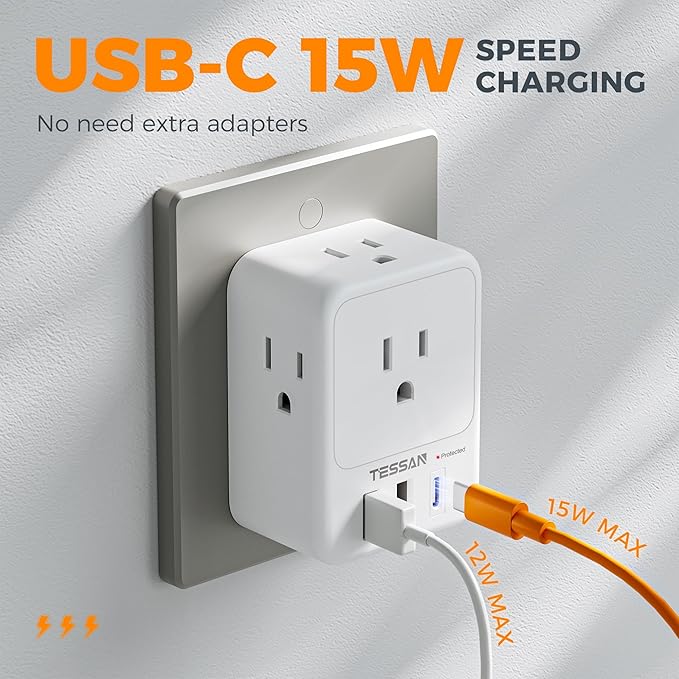 TESSAN Surge Protector Wall Outlet Extender, Multi Plug Outlet Splitter with 3 USB Charging Blocks(1 USB C), Multi Plug Wall Charger for Home, Office, School, College Dorm Essentials, White