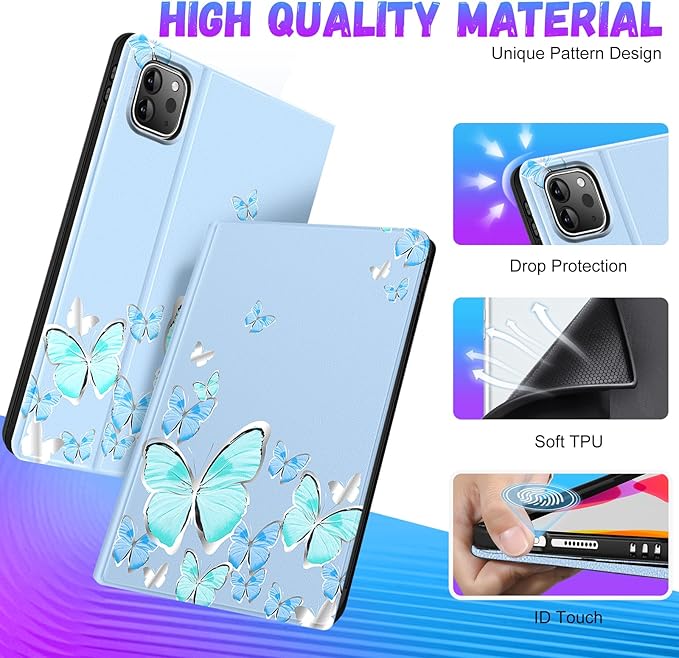 Uppuppy for iPad Air 13 Inch M2/M3, Pro 12.9 Case - Cute Women Girls Girly Aesthetic Butterfly Pencil Holder Folio Cover for Apple 12.9 inch for iPad Pro Case 6th/5th/4th/3rd Generation Air 13