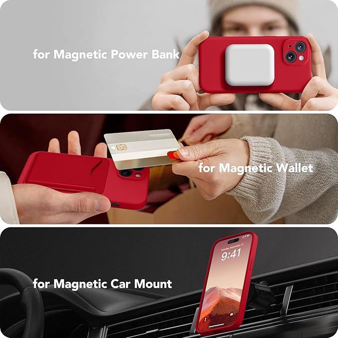 Magnetic for iPhone 14 Case, Compatible with MagSafe, [Full Camera Protection][Screen Protector] Silicone Shockproof Protective Phone Case for iPhone 14 6.1 inch, Deep Red