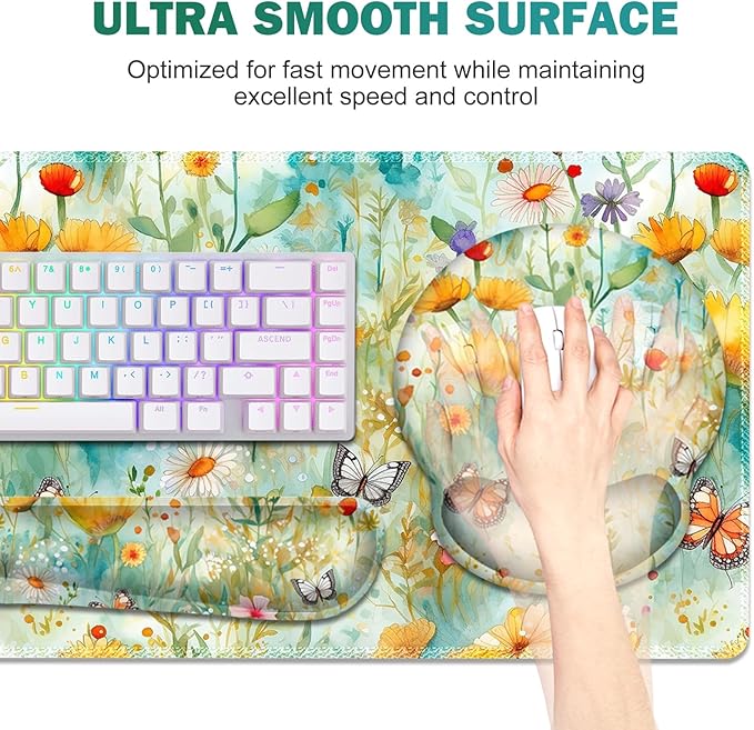 Gaming Mouse Pad, Large Desk Mat, Cute Desk Pad Protector, 4in1 XXL Mousepad + Keyboard Wrist Rest+Mouse Wrist Rest+Coaster Set with Ergonomic Desk Pad for Home Office PC Computer, Yellow Flowers