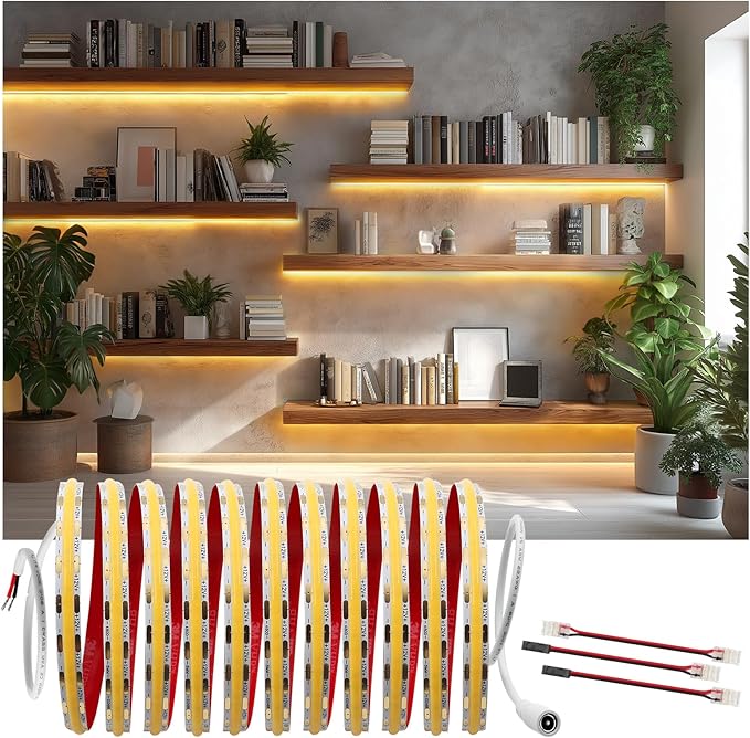 V4light COB LED Strip Light, Warm White (2700K), 12V Tape Light, CRI 95+, 3W/FT High Density, Dotless, Cuttable, UL Listed, Gold-Plated PCB for Bedroom, Kitchen, Cabinets (No Power Supply)