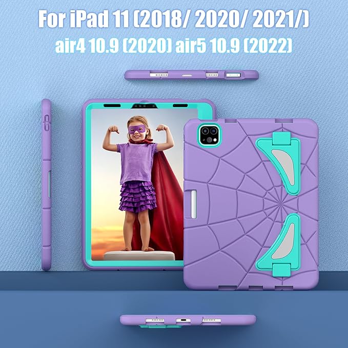 AKABEILA Compatible with Apple iPad Pro 11 inch(2018)/Apple Air 4 10.9(2020)/Air 5 10.9(2022)/Air 6 M2 (2024)/Air 7 M3 (2025) Tablet Case，Cover with Kickstand for Kids Children Boys Purple Mint Green