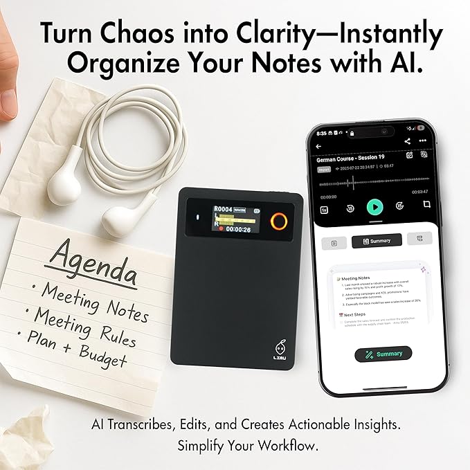 LIMU AI Voice Recorder with App Control - 18h Battery, 64GB Metal AI Note Taking Device - ChatGPT 5 Translation, Summaries & Mind Maps (125 Languages), 400 Min/Month, Audio Recorder with Transcription