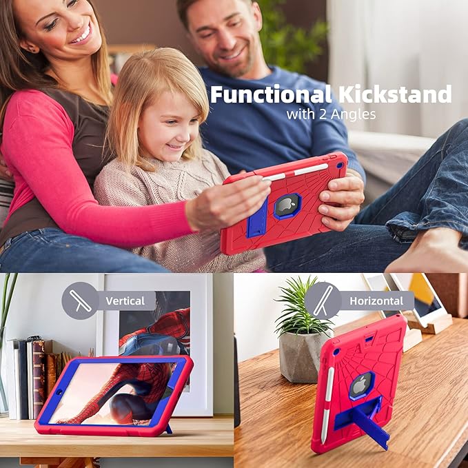 TSQQST iPad 6th/5th Generation Case 9.7 Inch with Tempered Glass Screen Protector&Pencil Holder&Stand | Heavy Duty Shockproof Rugged Protective iPad 9.7 Case 2017 2018 for Kids Boys Girls | Red+Blue