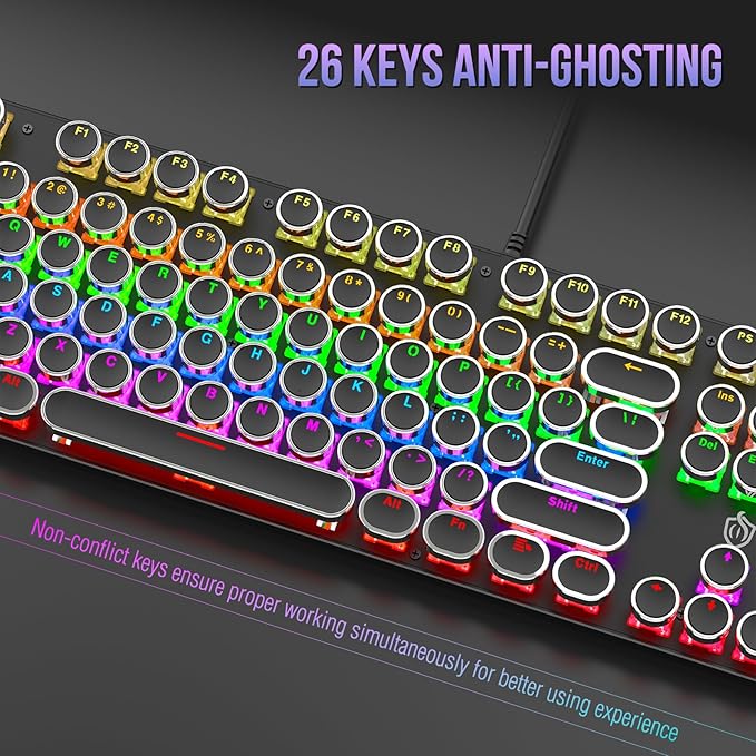 Typewriter Mechanical Gaming Keyboard with RGB Backlit Red Switches, 104 Keys Retro Round Keycap, Wired Typewriter Style Comfortable Typing Soud (L-Black)