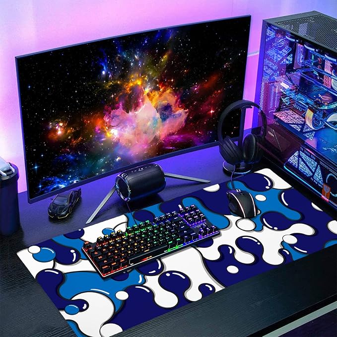 Navy Blue White Mouse Pad Anime Cool Geometric Japanese Extended Desk Mat 90X40 CM Non-Slip Rubber Base Stitched Edge Large XXL Mousepad for Gaming Laptop Computer Desktop 35.4×15.7 Inch