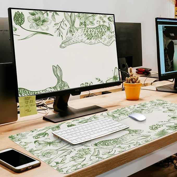 L-SPOUTTO Green Floral Desk Mat for Keyboard and Mouse,Cute XXL Gaming Mouse Pad,Large 35.4x15.7in Non-Slip Rubber Base Keyboard Pad Waterproof Desktop Mat for Laptop Computer Work Home Office-Rabbits