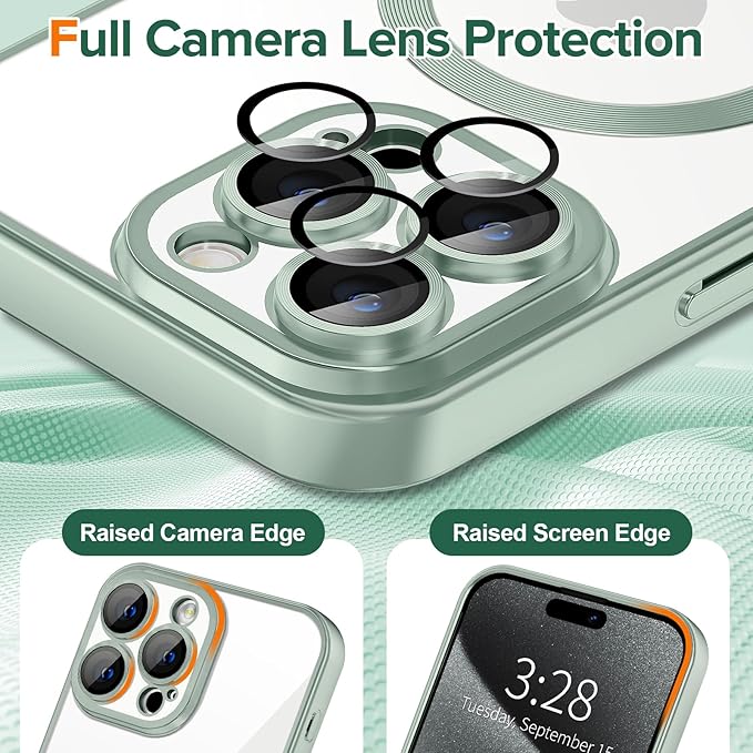 Hython Magnetic Clear for iPhone 15 Pro Max Case with Camera Lens Protector [Compatible with MagSafe] Plating Edge Slim Soft TPU Cover Protective Phone Case for iPhone 15 Pro Max 6.7", Matte Mint