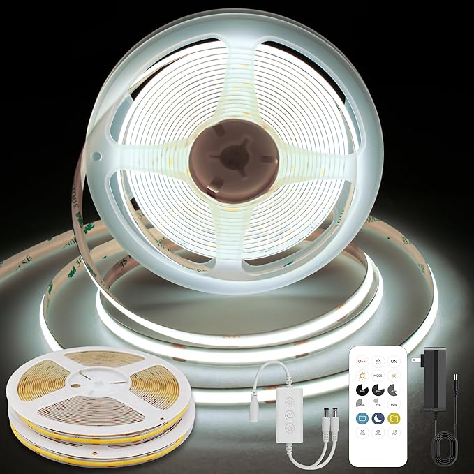 Pandery COB LED Strip Lights Cool White,24V Dimmable led Light Strip KIT with Remote and app Control,6000K 32.8FT/2 * 5m 8mm Wide Ra>90 Cuttable Flexible Strip Lights forBedroom,Wardrobe,Cabinet