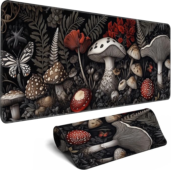 Mushroom Mouse Pad Gaming Desk Pad Ferns XL Large Mat Black Long Extended Mousepad Non-Slip Rubber Mice Pads Stitched Edges Thin Pad (31.5x11.8 Inch)