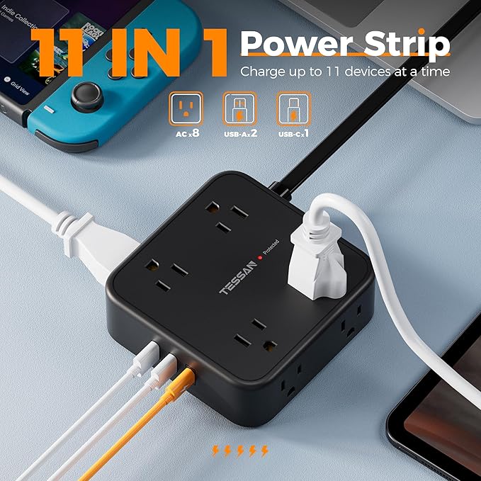 TESSAN Surge Protector Power Strip, 5 Ft Flat Plug Extension Cord with 3 USB (1 USB C) 8 Outlets, 1875W, 900J Protection, 3 Sided Outlet Extender with Power Switch for Office, Dorm Room, Black