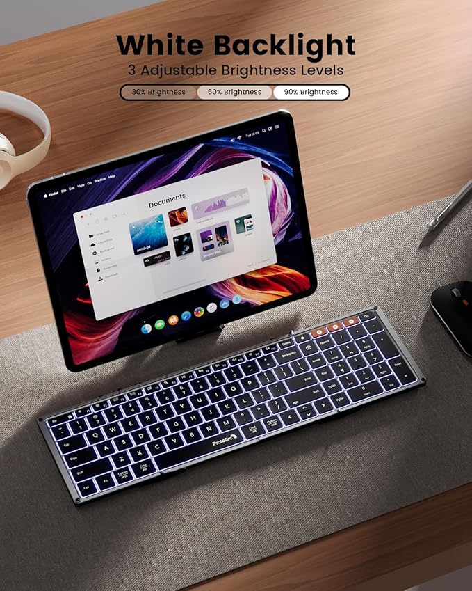 ProtoArc Backlit Foldable Keyboard, XK01 Plus Folding Portable Bluetooth Keyboard for Travel, True Full Size External Wireless Keyboards with Backlight for iPad Tablet Smartphone Laptop - Gray