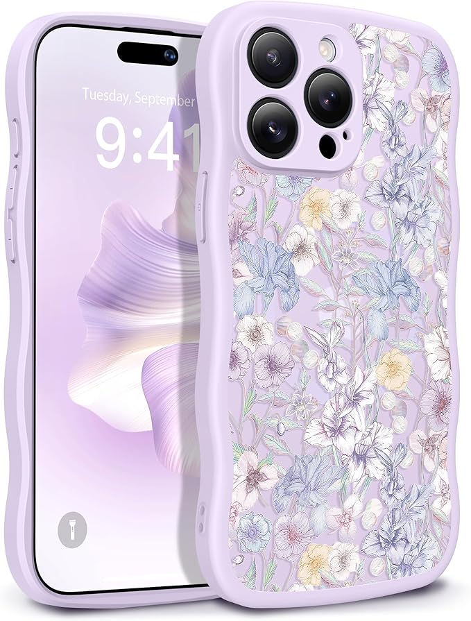 GVIEWIN for iPhone 15 Pro Max Case Compatible with MagSafe [Curly Wave Edge][Full Camera Protection]Floral Translucent Shockproof Magnetic Women Phone Case for 15 Pro Max 6.7'', Apricot Blossom/Purple