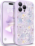 GVIEWIN for iPhone 15 Pro Case Compatible with MagSafe [Curly Wave Edge][Full Camera Protection] Floral Translucent Shockproof Magnetic Women Phone Case for iPhone 15 Pro 6.1'', Apricot Blossom/Purple