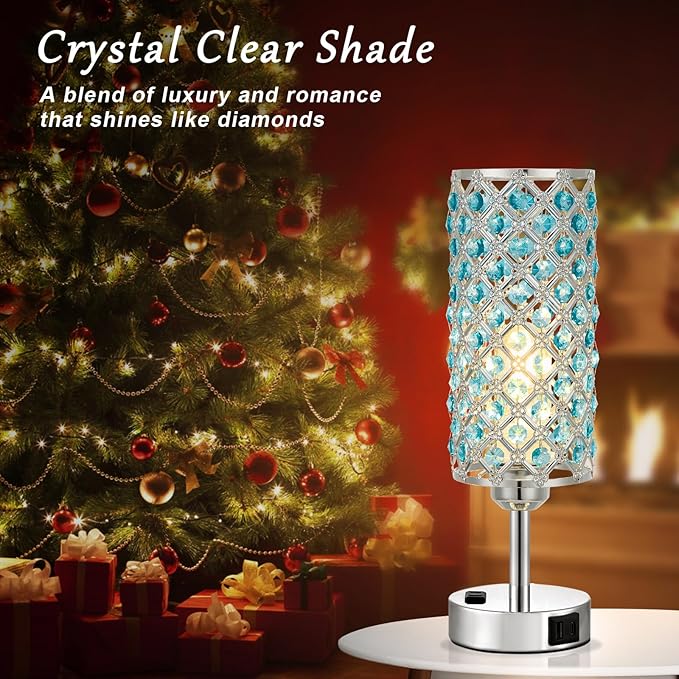 Hong-in Blue Crystal Lamp Touch Control Set of 2, Crystal Table Lamps with USB C+A Ports & AC Outlet, 3-Way Dimmable Nightstand Touch Lamp, Modern Bedside Table Lamp for Bedroom(Bulbs Included)
