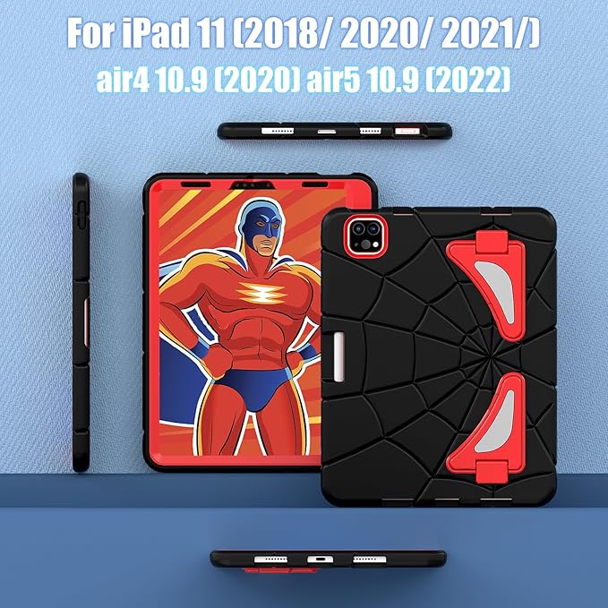AKABEILA Compatible with Apple iPad Pro 11 inch(2018)/Apple Air 4 10.9(2020)/Air 5 10.9(2022)/Air 6 M2 (2024)/Air 7 M3 (2025) Tablet Case，Cover with Kickstand for Kids Children Boys Babies Black Red