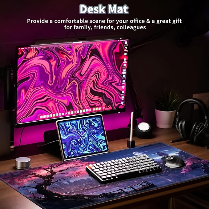 Gaming Mouse Pad, Keyboard Mouse Pad 31.5x15.7 inch XXL Large Computer Laptop Cool Desk Mat with Non-Slip Rubber Base and Stitched Edge for Home Office Work, Japanese Night View Cherry