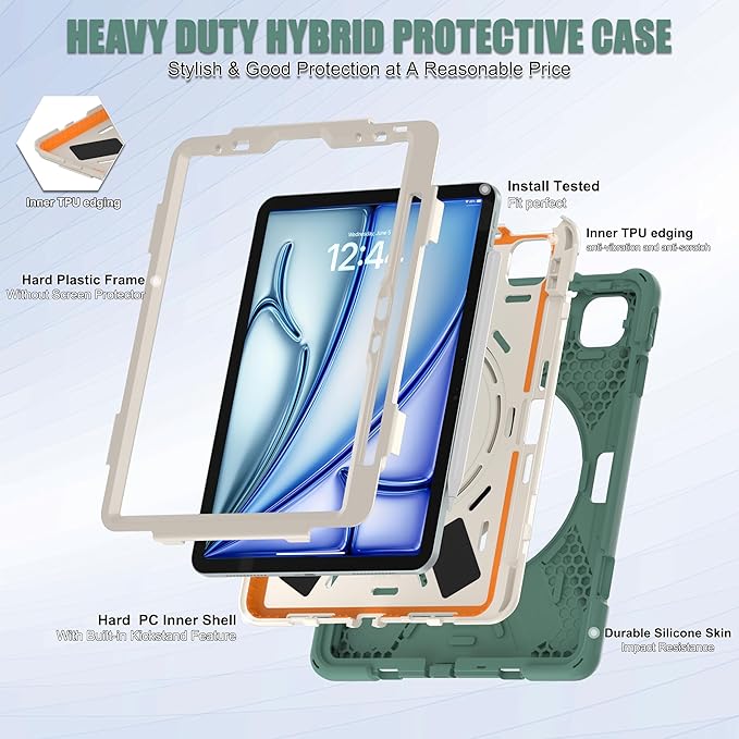 SCSVPN Case for iPad Air 11 Inch M4 2026/M3 2025/M2 2024, iPad Air 10.9'' 5th/4th Gen 2022 2020, iPad Pro 11 4th/3rd/2nd/1st Gen, Protective Case with Pen Holder, Stand, Shoulder Strap, Emerald Green