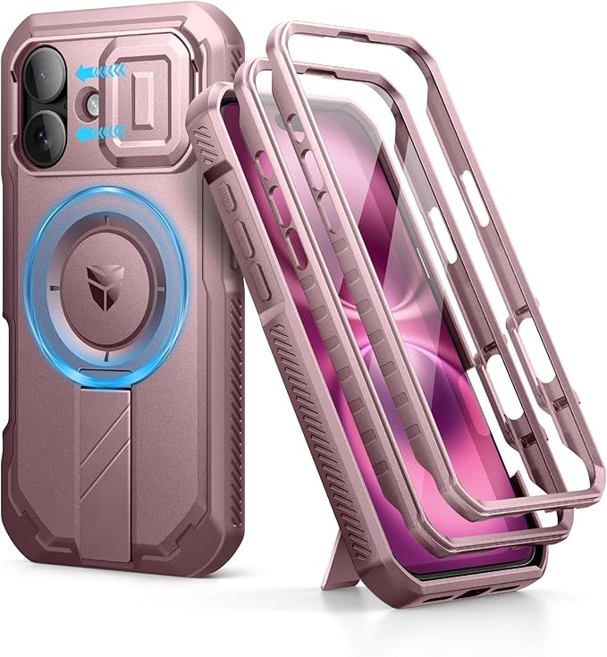 Dexnor for iPhone 16 Case with Slide Camera Cover & Adjustable Kickstand & Built-in Screen Protector,Compatible with MagSafe Shockproof Bumper Cases Heavy-Duty Magnetic Protective Cover,Peony Pink