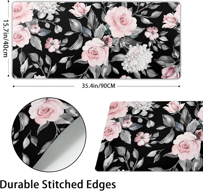 Floral Extended Gaming Mouse Pad Non-Slip Rubber Base Black Large Mousepad 35.4×15.7in with Stitched Edge Waterproof Pink Peony Flowers Pads Computer Black Desk Laptop Mats for Work Game/Office Home