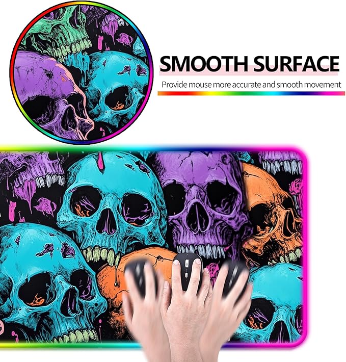 RGB Scary Skull Gaming Desk Mat, Computer Keyboard Large Extended Cool Multi-Color Skull LED Mouse Pad for Office and Home, 31.5×11.8 Inches, XL