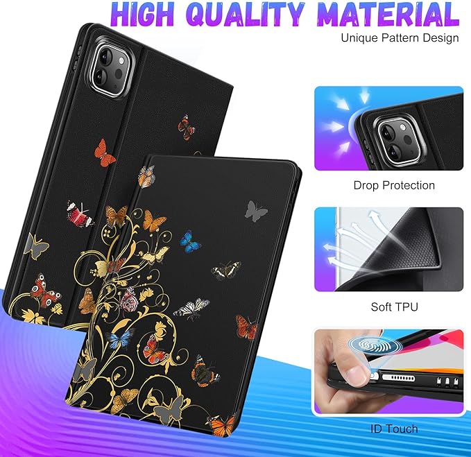 Uppuppy for iPad Air 13 Inch M2/M3, Pro 12.9 Case - Cute Women Teen Girls Aesthtic Butterfly Pencil Holder Folio Cover for Apple Air 13" 2024/2025, Pro 6th/5th/4th/3rd Generation Case
