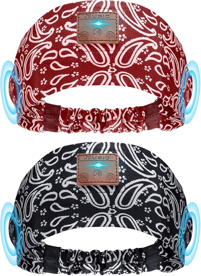 2-Pack Sleeping Headphones, Ultra-Thin HD Stereo Speaker, Bluetooth Headband for Sports, Workouts, Insomnia, Yoga, Air Travel, Meditation - Pattern Black&Pattern Red
