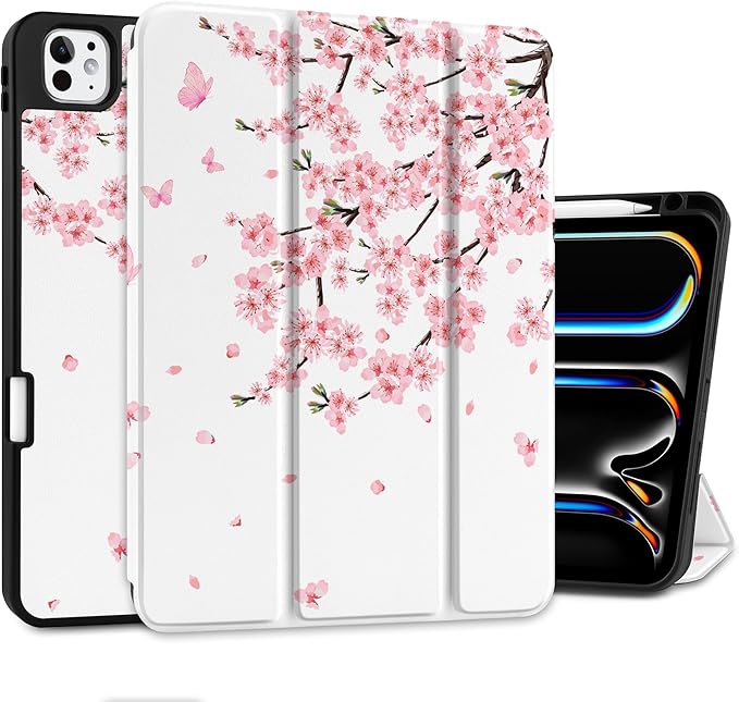 MEEgoodo Case for M5 iPad Pro 11 inch 2025/M4 iPad Pro 11 inch Case 2024, Tablet Cover with Trifold Stand & Pencil Holder & Auto Wake/Sleep & Soft TPU Back Cover, Cherry Blossoms