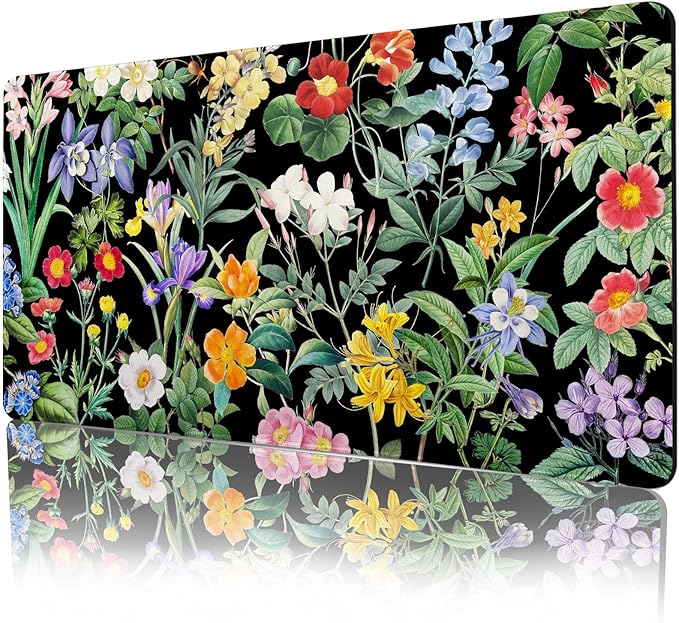 Lokigo Black Flower Desk Mat Floral Plants Mouse Pad, Wildflowers Large Gaming Mousepad Desk Pad, XXL Keyboard MouseMat Full Desktop Mat Women Office Accessories 31.5"x15.7"