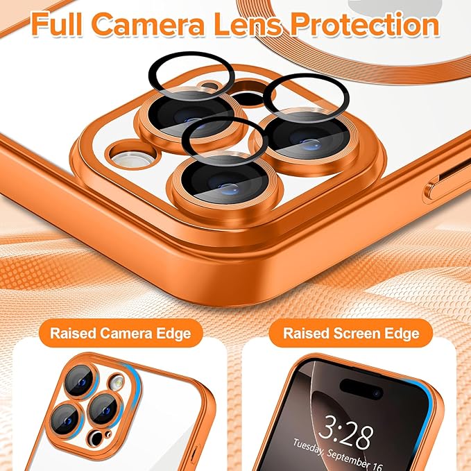 Hython Magnetic Clear for iPhone 16 Pro Case with Camera Lens Protector [Compatible with MagSafe] Luxury Plating Edge Slim Soft TPU Cover Protective Phone Case for iPhone 16 Pro 6.3", Matte Orange