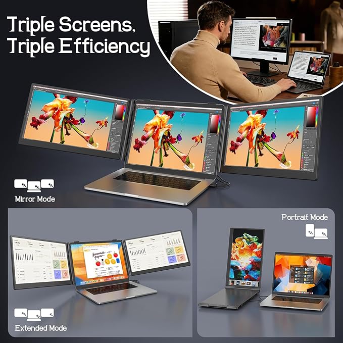 Laptop Screen Extender, 14'' FHD 1080P Ultra-Slim Triple Portable Monitor for Laptops, Two Cable USB-C Travel Monitor Extender Plug & Play for 13"-17" Laptop, Compatible with Wins/Mac/Android/Chrome