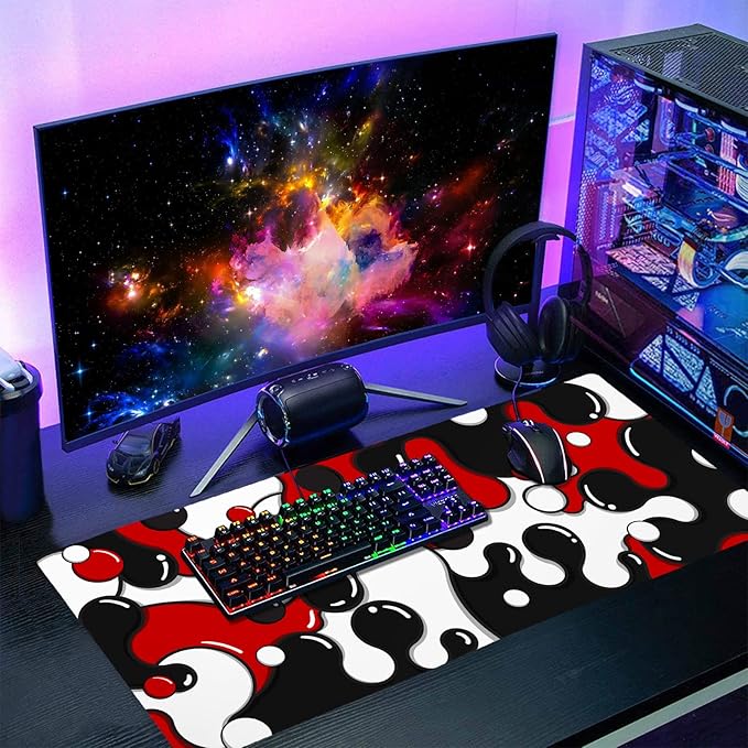 Red Black White Mouse Pad Anime Cool Geometric Japanese Extended Desk Mat 90X40 CM Non-Slip Rubber Base Stitched Edge Large XXL Mousepad for Gaming Laptop Computer Desktop 35.4×15.7 Inch