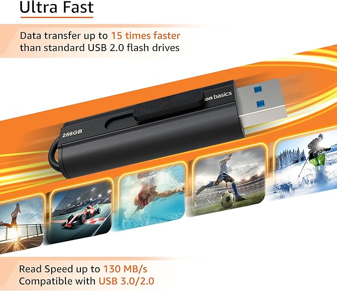 Amazon Basics 256 GB Ultra Fast USB 3.1 Flash Drive, High Capacity External Storage for Photos Videos, Retractable Design, 130MB/s Transfer Speed, Black