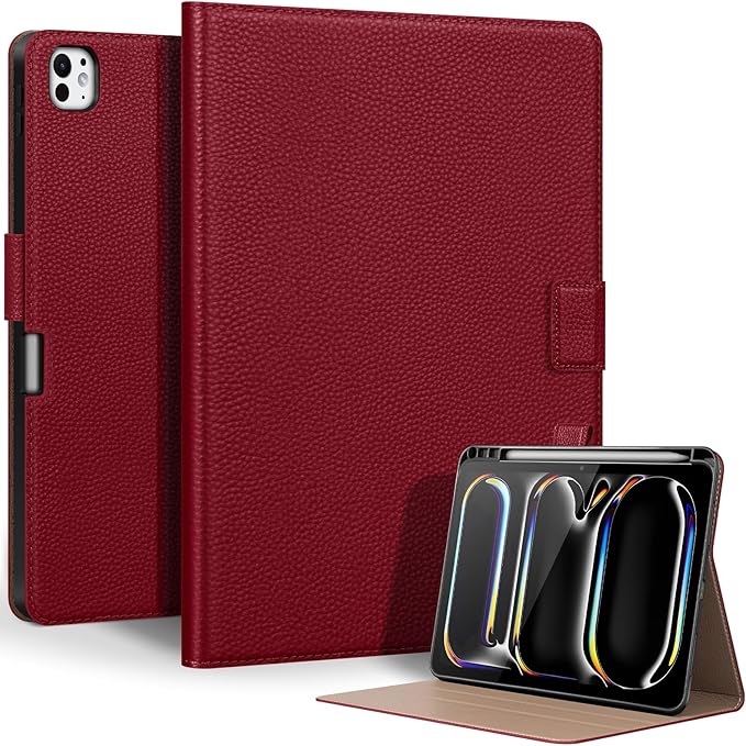 Genuine Leather Case for iPad Pro 11 inch Case (M5) 2025 / (M4) 2024 | with Pencil Holder and Adjustable Stand, Magnetic Closure, Auto Wake/Sleep Cover | Wine Red