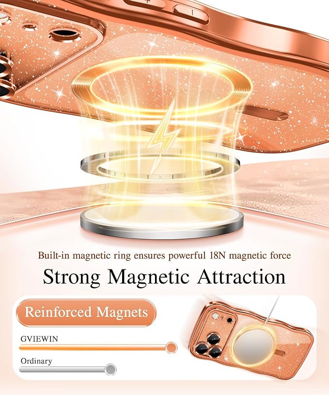 GVIEWIN for iPhone 17 Pro Case Compatible with MagSafe, Upgraded [Full Camera Protection][Cute Wave Frame][Military Grade Protection] Electroplated Hard Phone Cover for Women Girl, Glitter/Orange