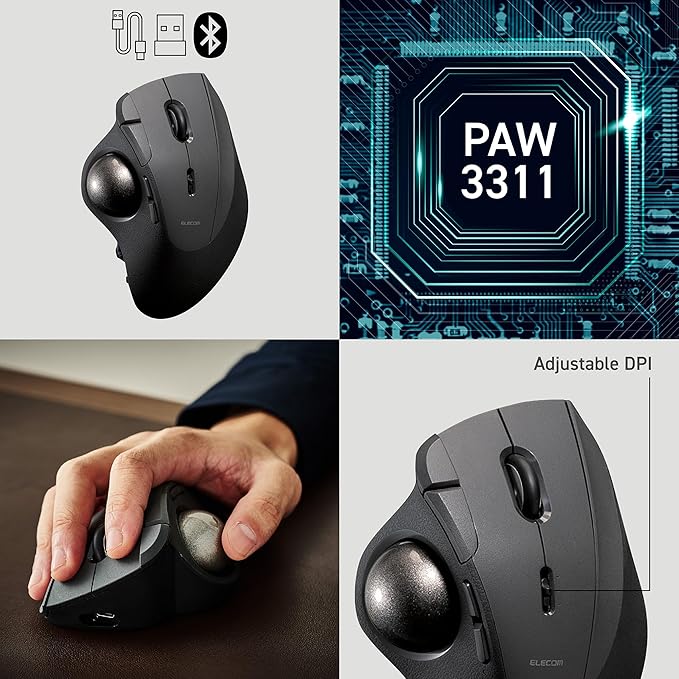 ELECOM IST PRO Trackball Mouse, 6 Device Connection, 3 Way Connectivity, Bluetooth 5.3, Wireless 2.4GHz, Wired, 12,000 DPI Sensor, 36mm Ergonomic, 10 Custom Buttons, Silent Click, Swappable Bearings