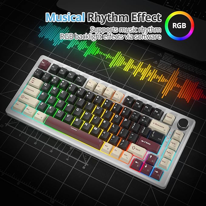 75% Mechanical Keyboard Gasket with Knob, Custom Wired Creamy Gaming Keyboard TKL 75 Percent Hot Swappable RGB Backlit, Pre-lubed Switch for Win/MAC（Roma/White Switch）