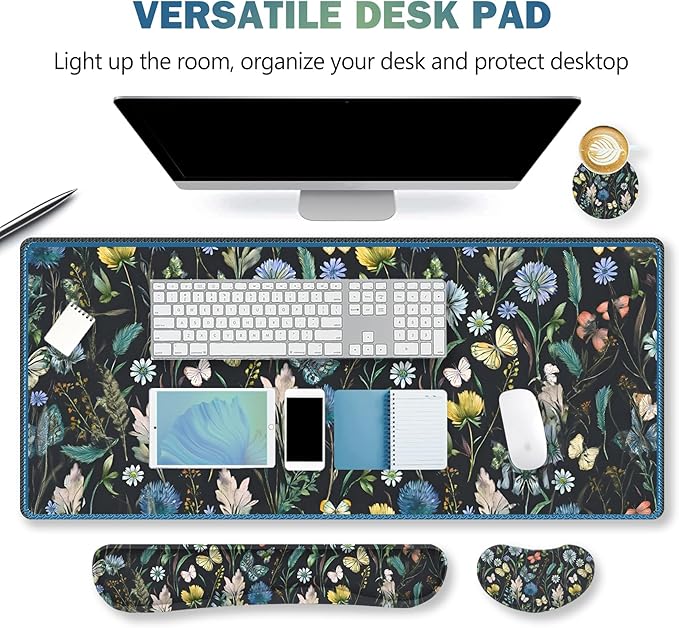 ARTSO Keyboard Mouse Pad Set, Extended Mouse Pad with Keyboard Wrist Rest Support, Memory Foam Ergonomic Desk Pad Set for Home Office, Flower Leaf Butterfly