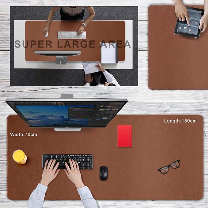 CENNBIE 59"x27.5" Leather Desk Pad Protector Desk Blotter Pad - Waterproof Writing Desk Accessories - Extended Non-Slip Rectangular, Laptop Keyboard Mouse Pad (Brown)